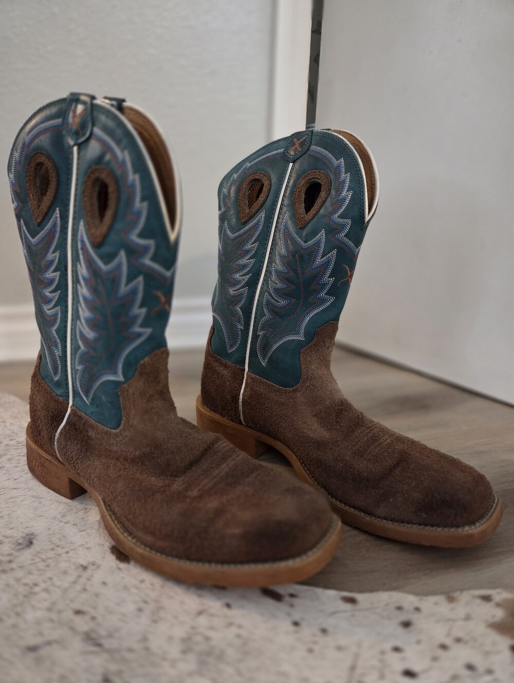 Twisted X Work Boots Brown Suede Cowboy Boots with Teal Embroidered Shaft